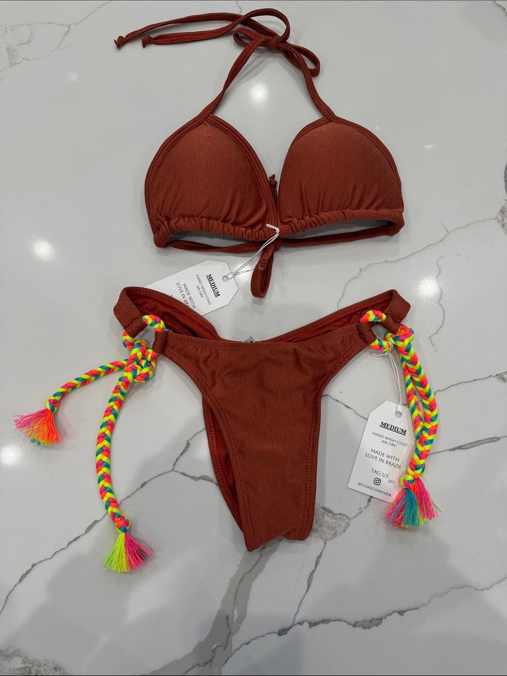 Women's Rust Tie-Side Bikini Set with Neon Braided Ties NWT